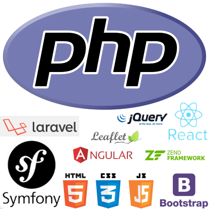php, JQuery, React, laravel, Symfony, HTML, CSS, JS, Bootstrap, Angular, Leaflet, Zend Framework