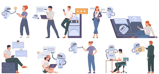 chat bot flat set with isolated compositions human characters gadgets robots sharing chat bubbles vector illustration 1284 80646